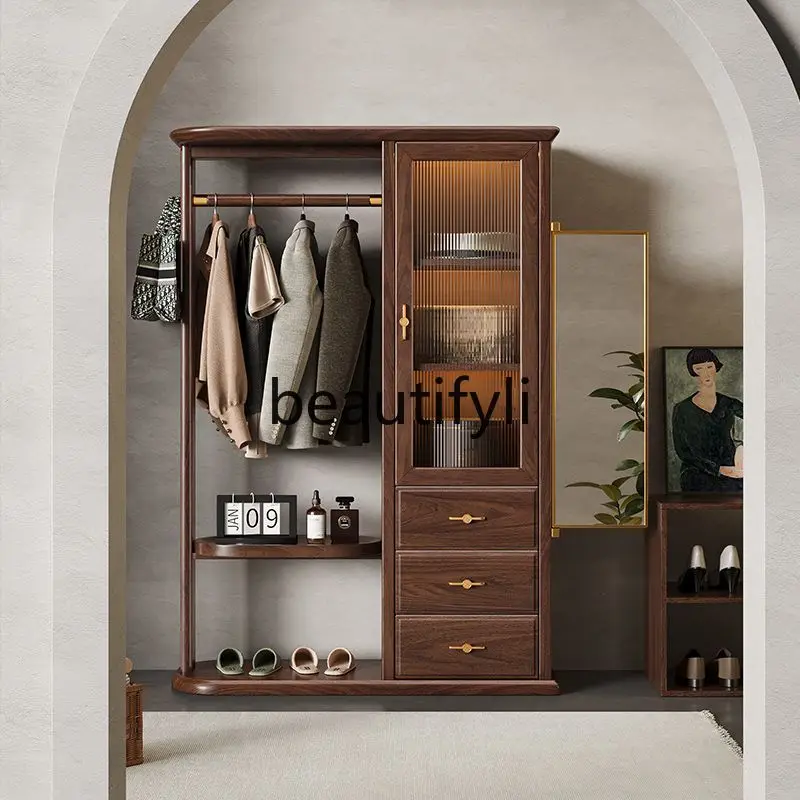 

New Chinese Style Wardrobe Rack Black Walnut Solid Wood Wardrobe Rack Bedside Bedroom Floor-standing Hanging Living Room