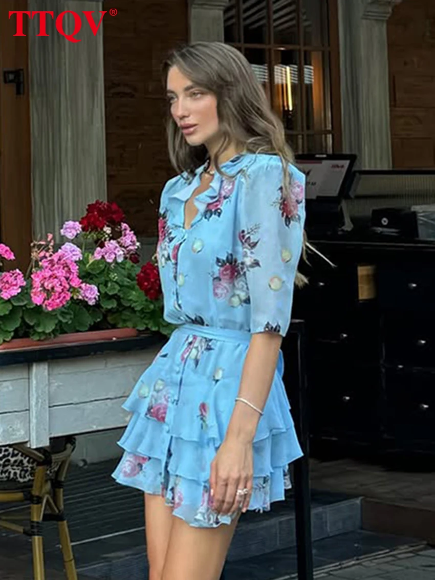 TTQV Fashion Loose Print Women's Dress 2026 Summer V-Neck Short Sleeve Mini Dresses Lady Elegant Classic Pleated Dress Female - Image 2