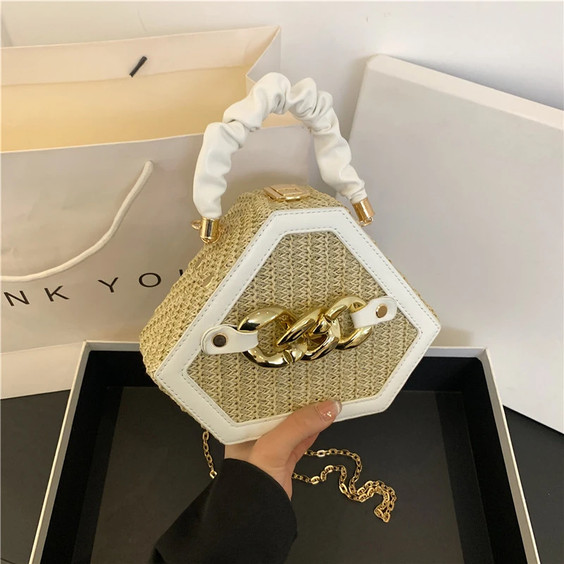 Casual Chains Straw Braid Box Shoulder and Crossbody Bags Sense of Luxury High Quality Hand Bags for Women 2024 Summer Fashion