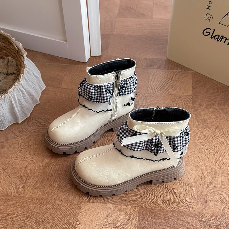 Girls Lace Trim Leather Boots with Bow 2026 New Winter Toddler Thermal Ankle Boots Non-slip Simple Trendy Princess School Boots