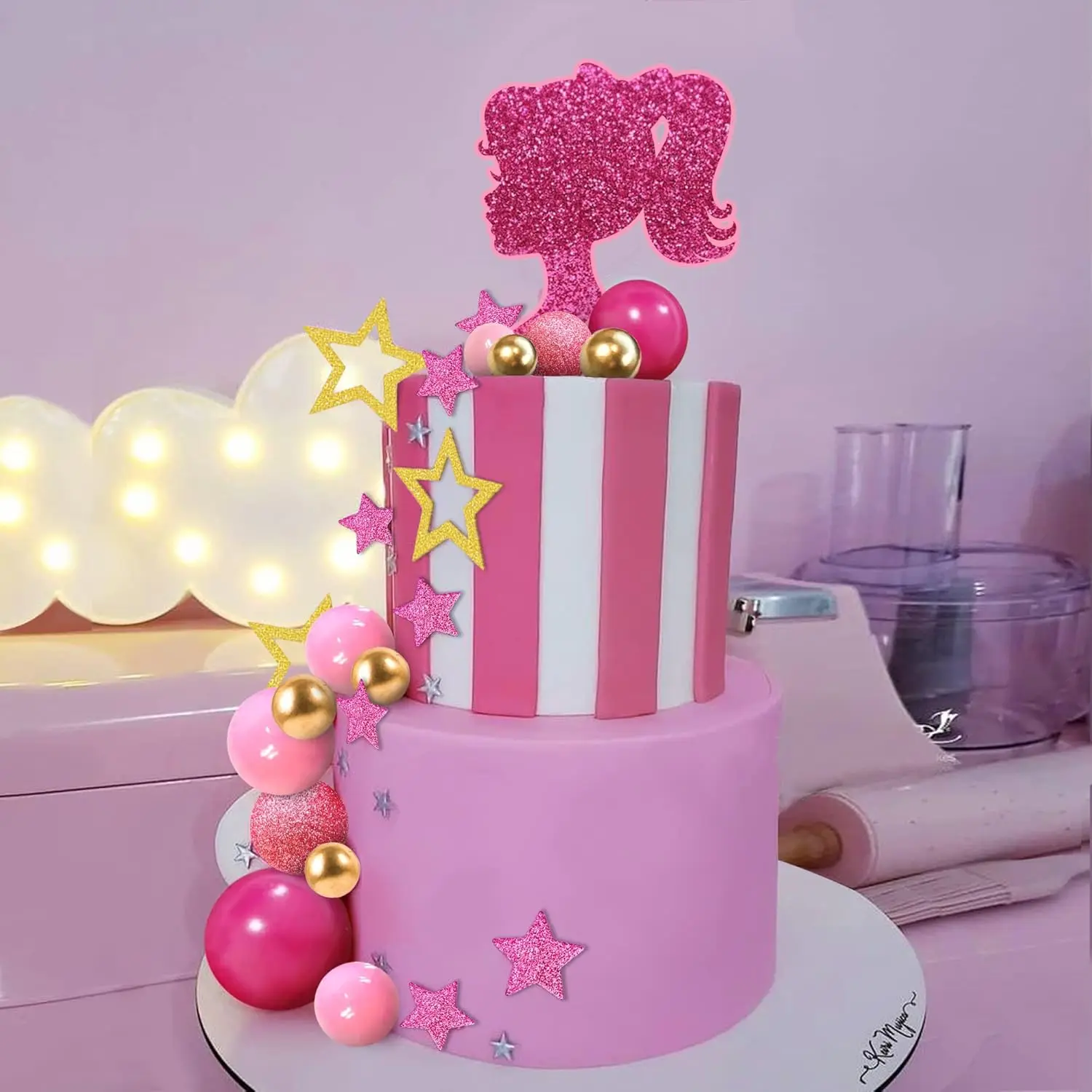 36 pçs rosa quente menina bolo topper bolas decorações de bolo com bolas rosa e douradas estrelas brilhantes para o aniversário da menina do casamento