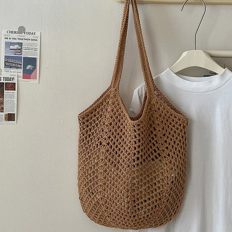 

2024 Summer Hollow Out Shoulder Bags for Women Casual Cotton Straw Handbags Female Weave Seaside Beach Bags Travel Shopper Bags