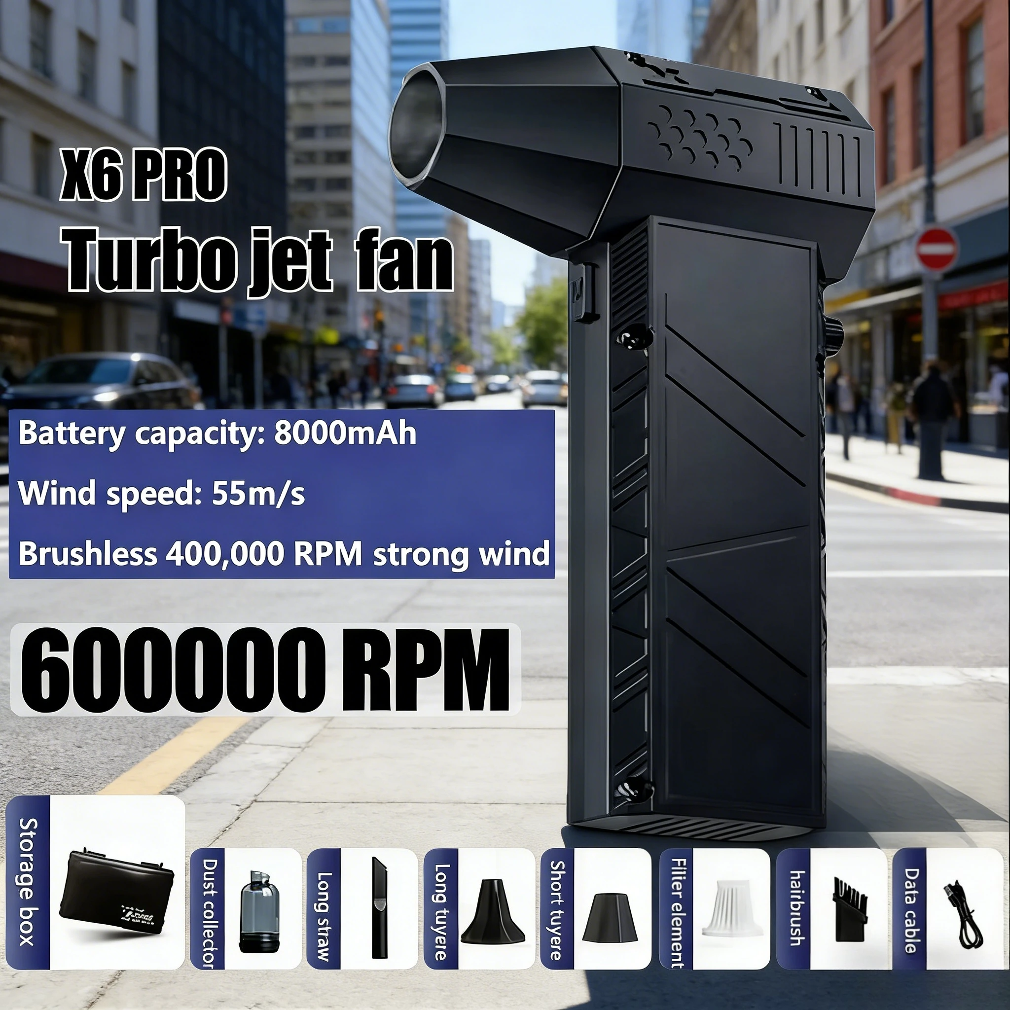 

8000mAh X6 Pro Turbo Jet Fan 600000 RPM Brushless Motor High-speed Handheld Dust Fan & Powerful Mini Snow Blower