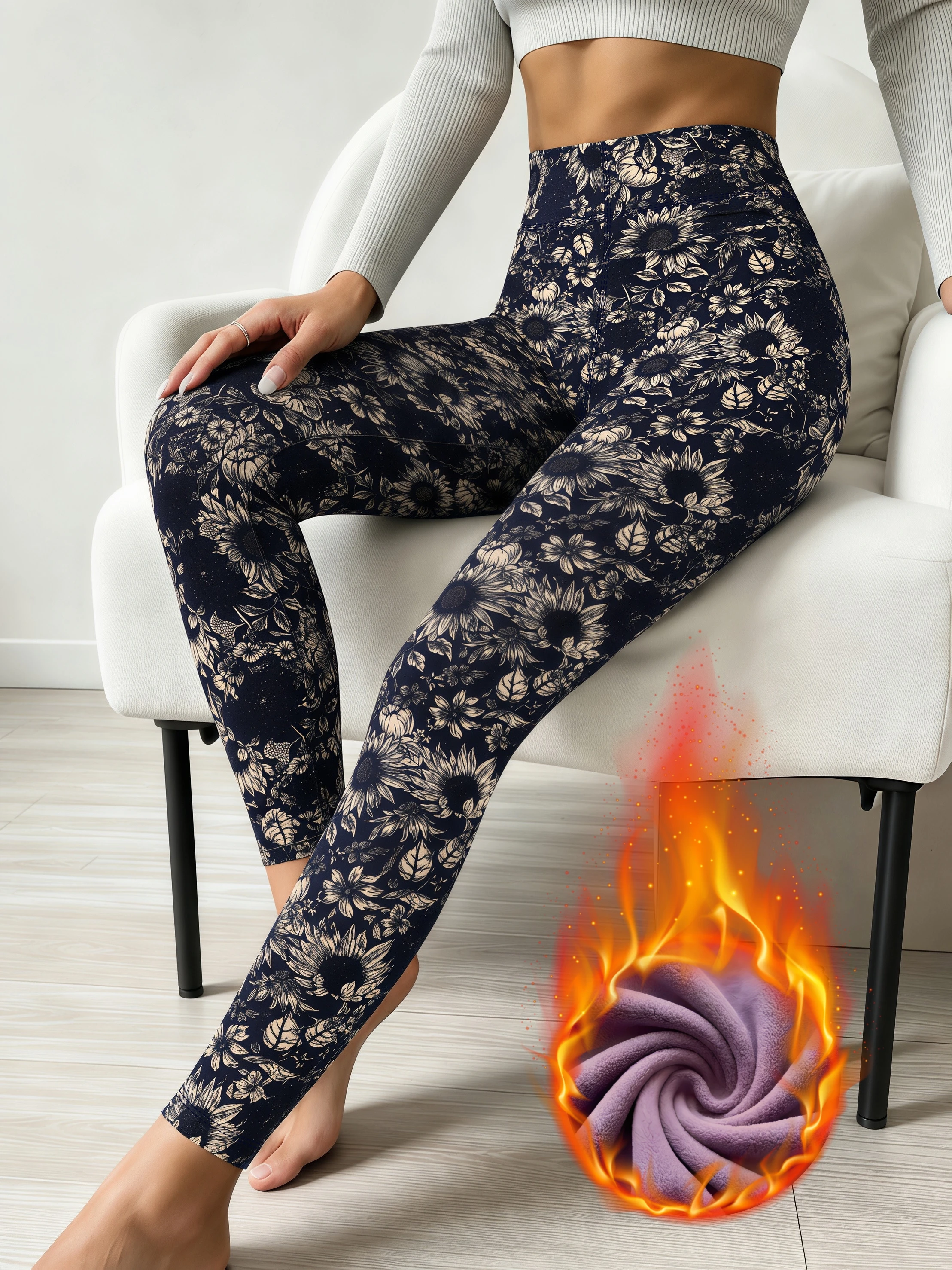 Damen-Leggings in Marineblau mit Sonnenblumenmuster, hoher Taille, dickem, lila Fleece-Futter, warm, hochelastisch, schmal geschnitten. – Detail 3