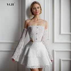 VGH Elegant Solid Hollow Out Lace Dresses For Women Strapless Off The Shoulder Sleeve Backless High Waist Short Dress Female New