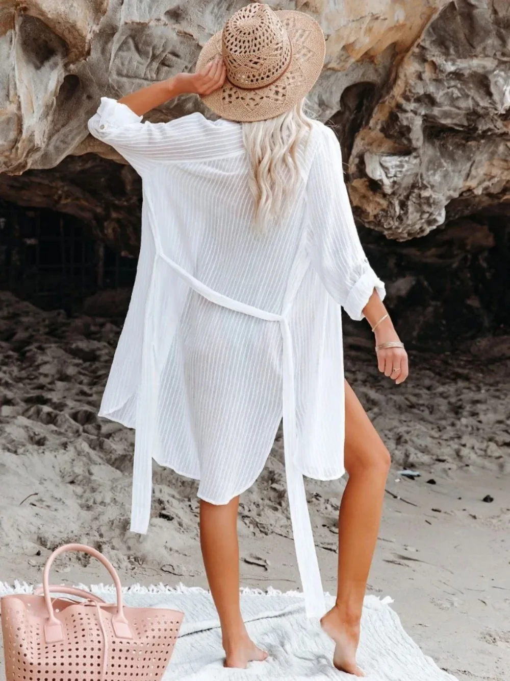 2024 Beach Shirts Bikini Cover Ups for Women Self Belted Kimono Dress Elegant Swimsuit Covers Holiday Bathing Suits Beachwear