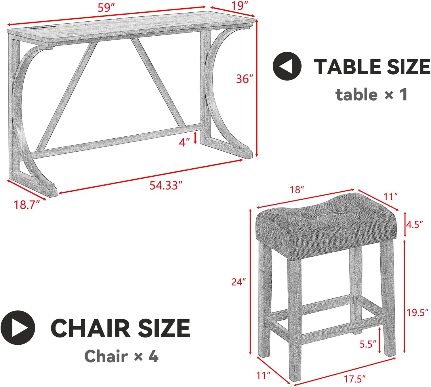 Dining Bar Table and Chairs Set 4 Piece with Power Outlet, Bar Table Set with 3 Padded Stools, Industrial Breakfast Table Set