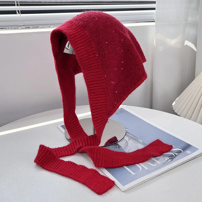 Koreanische Mode: Pailletten-Dreieckstuch aus Kaninchenhaar-Mischgewebe für Herbst und Winter, vielseitiges gestricktes Stirnband mit Schnürung für Damen – Detail 1