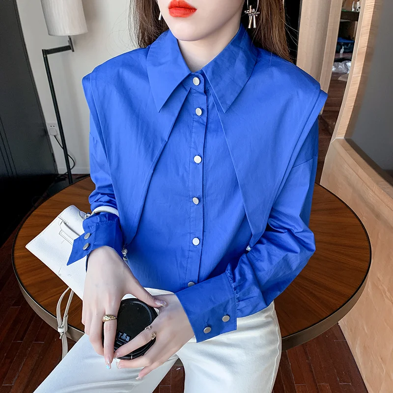 Casual Blue Peter Pan Collar White Shirt Spring Blouse 2023 Long Sleeve Pleasure Shirt Fashion Chic Tops Elegant Clothes 18829