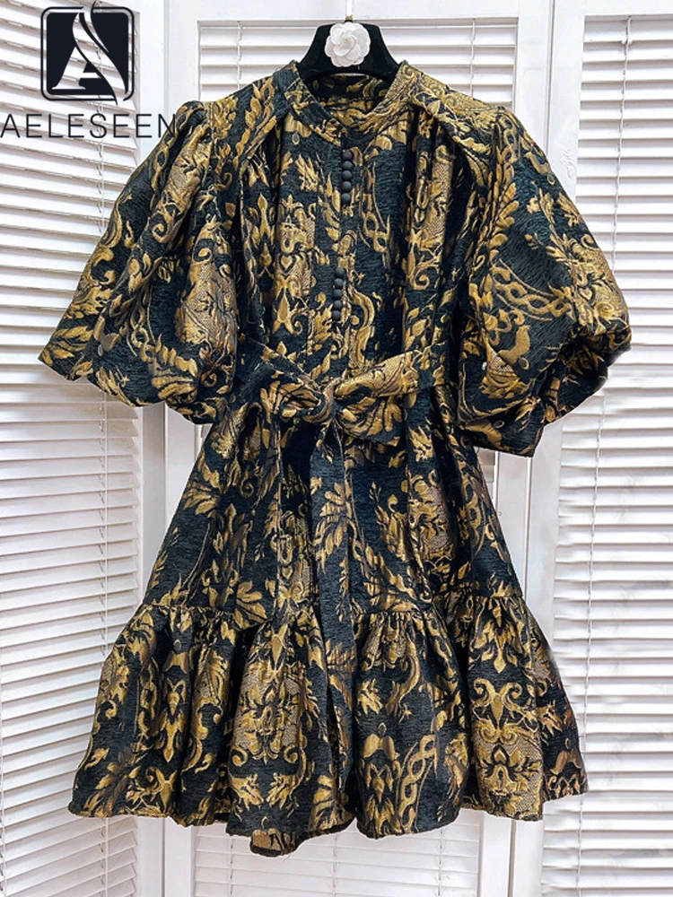 

AELESEEN Vinatge Mini Casual Dress For Women Puff Sleeve Flower Print Jacquard Belt Ethnic Design Fashion Holiday Vacation