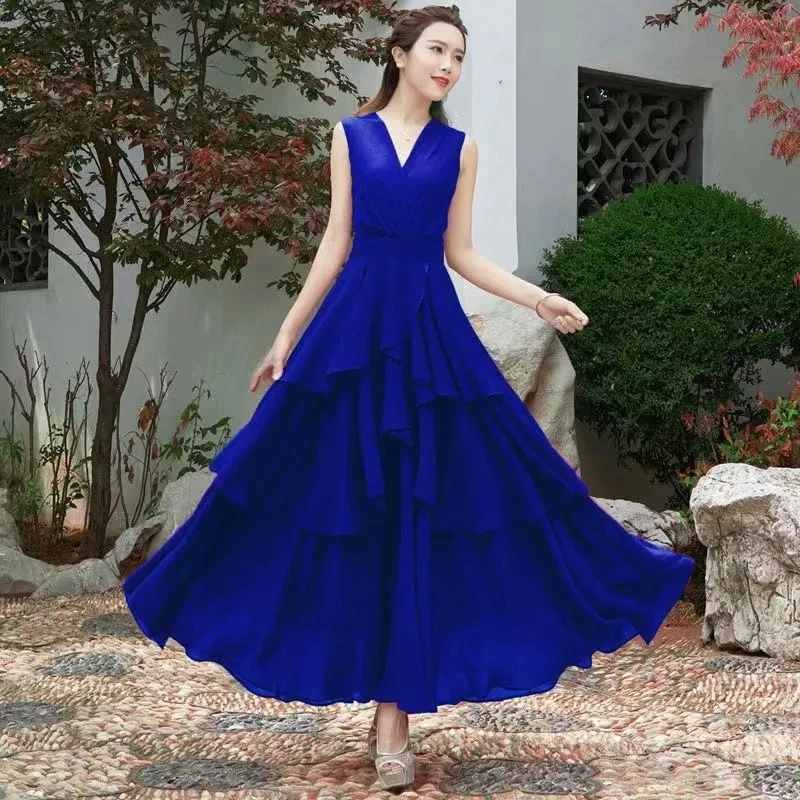 Office Lady V-neck Sleeveless Solid Empire Wave Cut Fashion A-LINE Slender Summer Dress Women 2024 Chiffon Thin Women Clothing