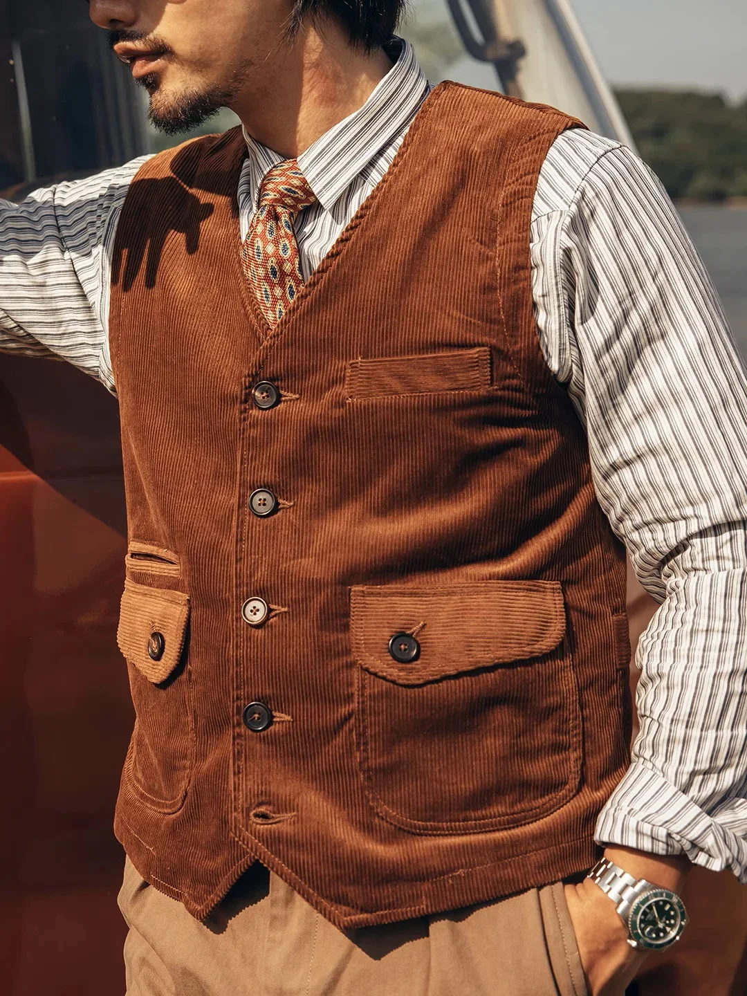 

Tornado Red Vintage-Inspired Corduroy Vest Fall Winter Mens Casual V Neck Waistcoat