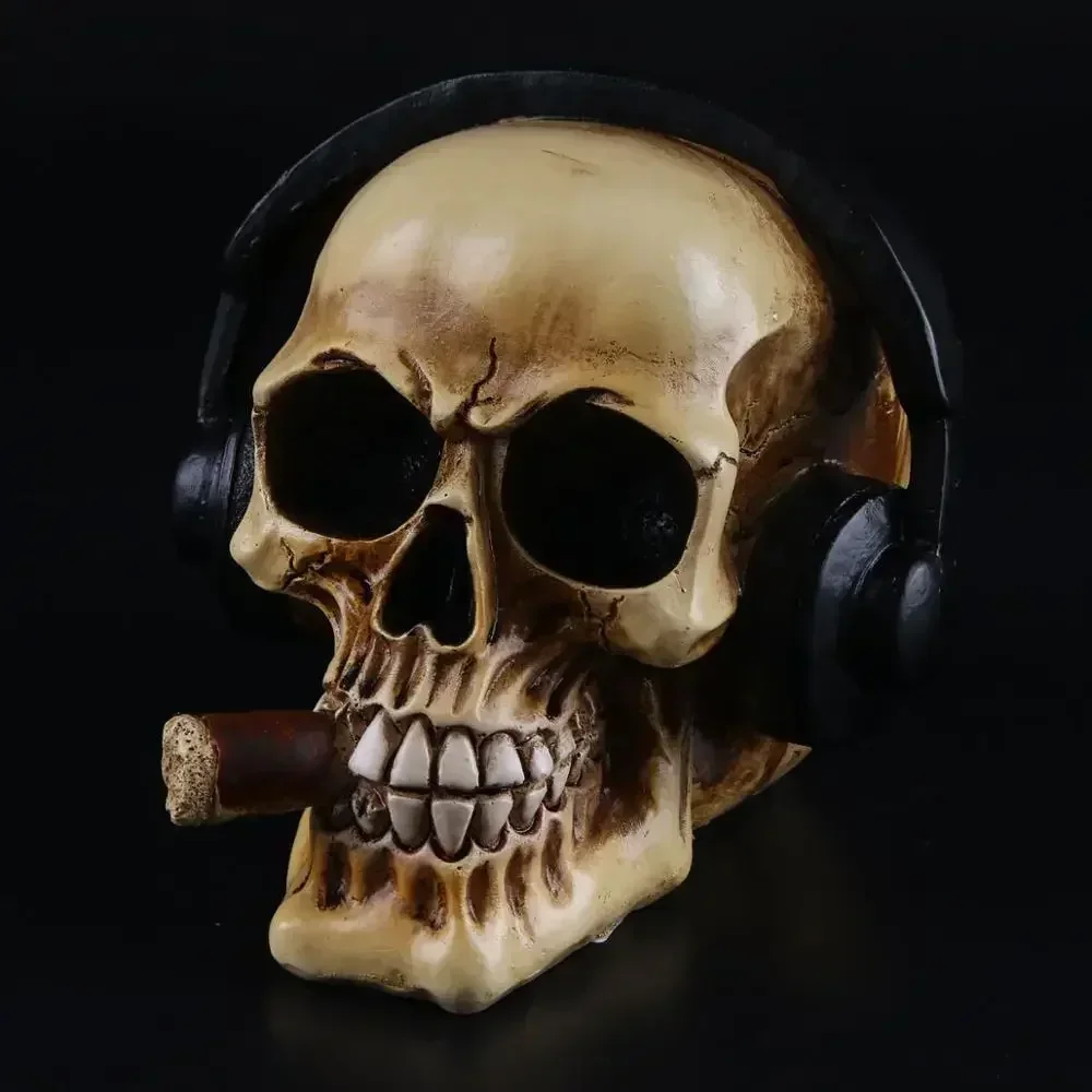 Vilead Resin Craft Skull Head With Headphones Art Painting Movie Props Skull Ornament Music Bar Decoration Statues Sculptures