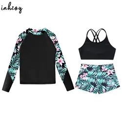 Kids Girls Tankini Swimsuit Set UPF 50 Swimwear Long Sleeve Rash Guard Swim Shirt+Crop Tank Top+Briefs+Shorts Beach Bathing Suit