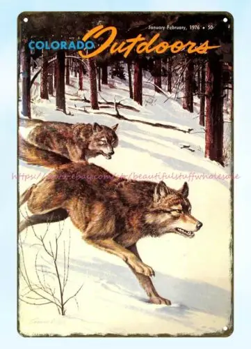 room decoration design 1976 Colorado Outdoors Wolves metal tin sign