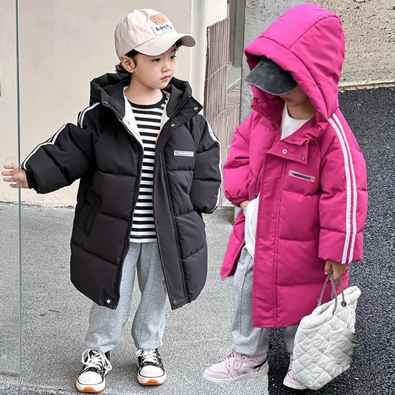 

Детский длинный пуховик для мальчиков и девочек, зимние повседневные пальто для подростков, однотонная модная детская толстая верхняя одежда с капюшоном, От 2 до 10 лет