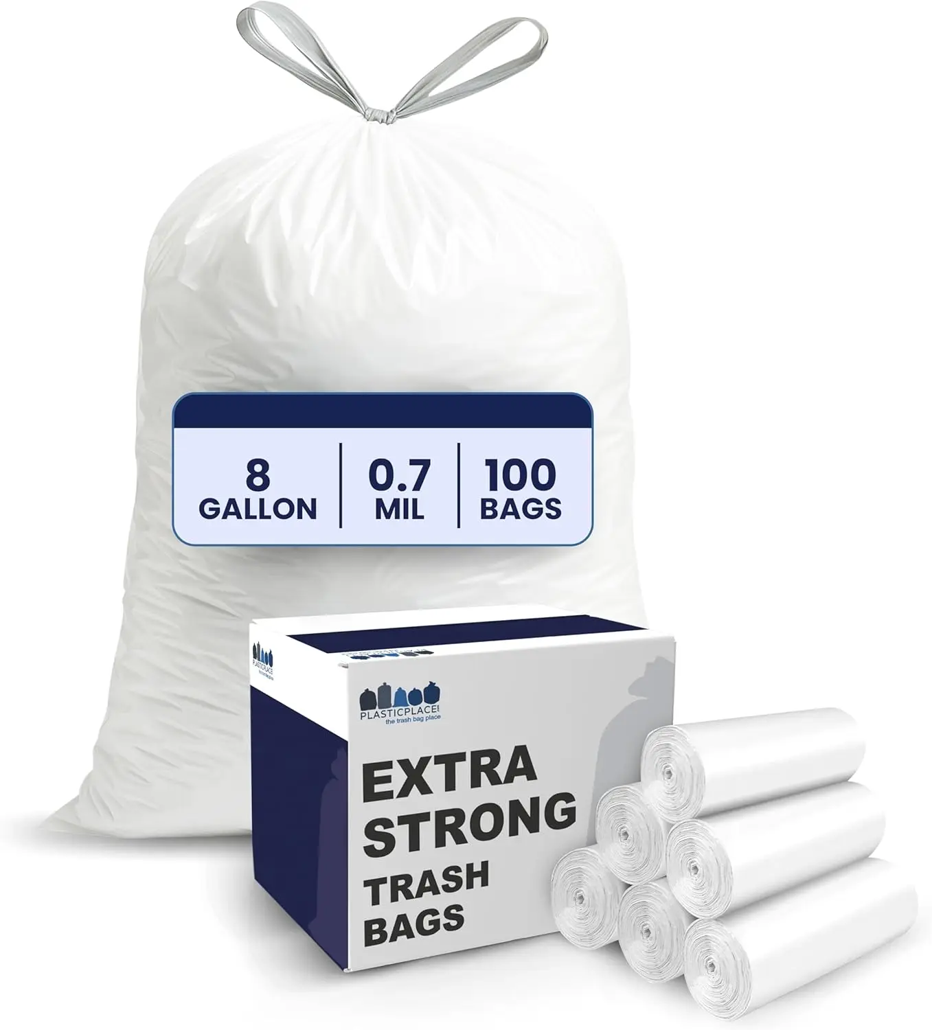

8 Gallon Trash Bags with Drawstring, White Garbage Can Liners, 0.7 Mil Thick, 22" x 22", 100 Count