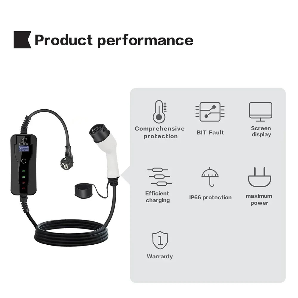 11KW 16A Portable EV Charger Type2 Adjustable Current Reservation Time Charging Box CEE Plug IEC62196-2 Electric Vehicle Charger