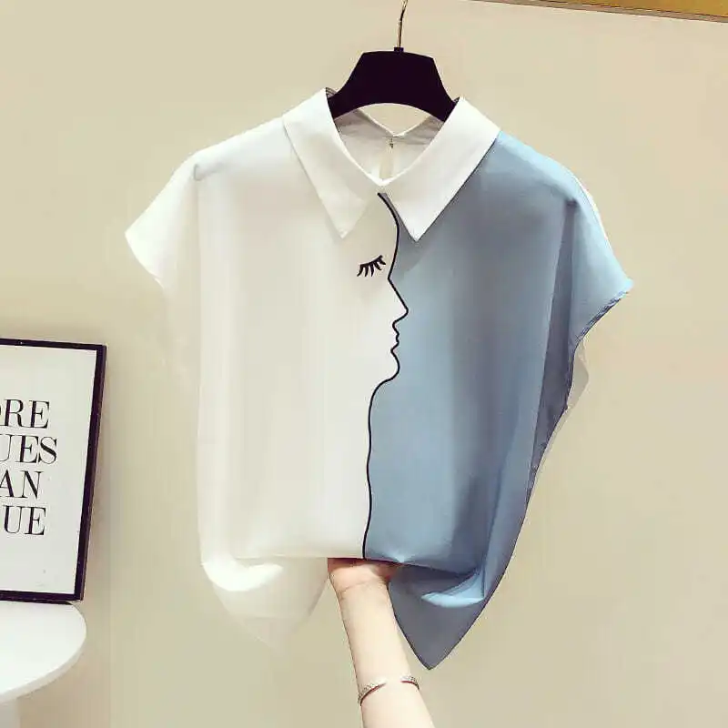 

Fashion All-match Chiffon Blouse Summer New Patchwork Contrast Printing Loose Office Shirt Tops Elegant Casual Women Clothing