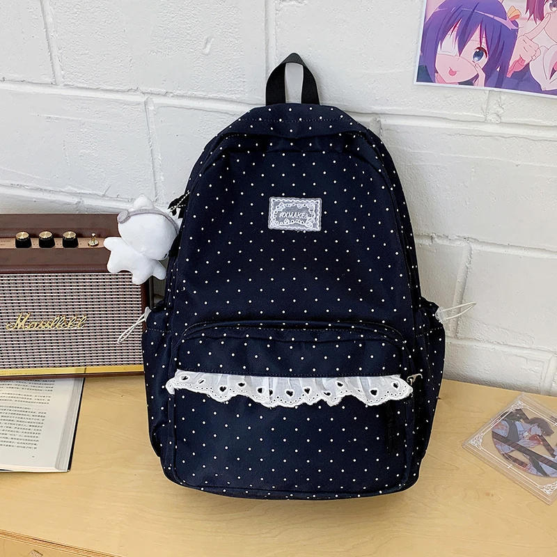 Modischer Rucksack, Damen-Schulrucksack mit Polka-Dot-Muster, süßer Spitzenbesatz, koreanischer leichter Schulrucksack mit großer Kapazität für Mädchen und Studenten – Detail 11