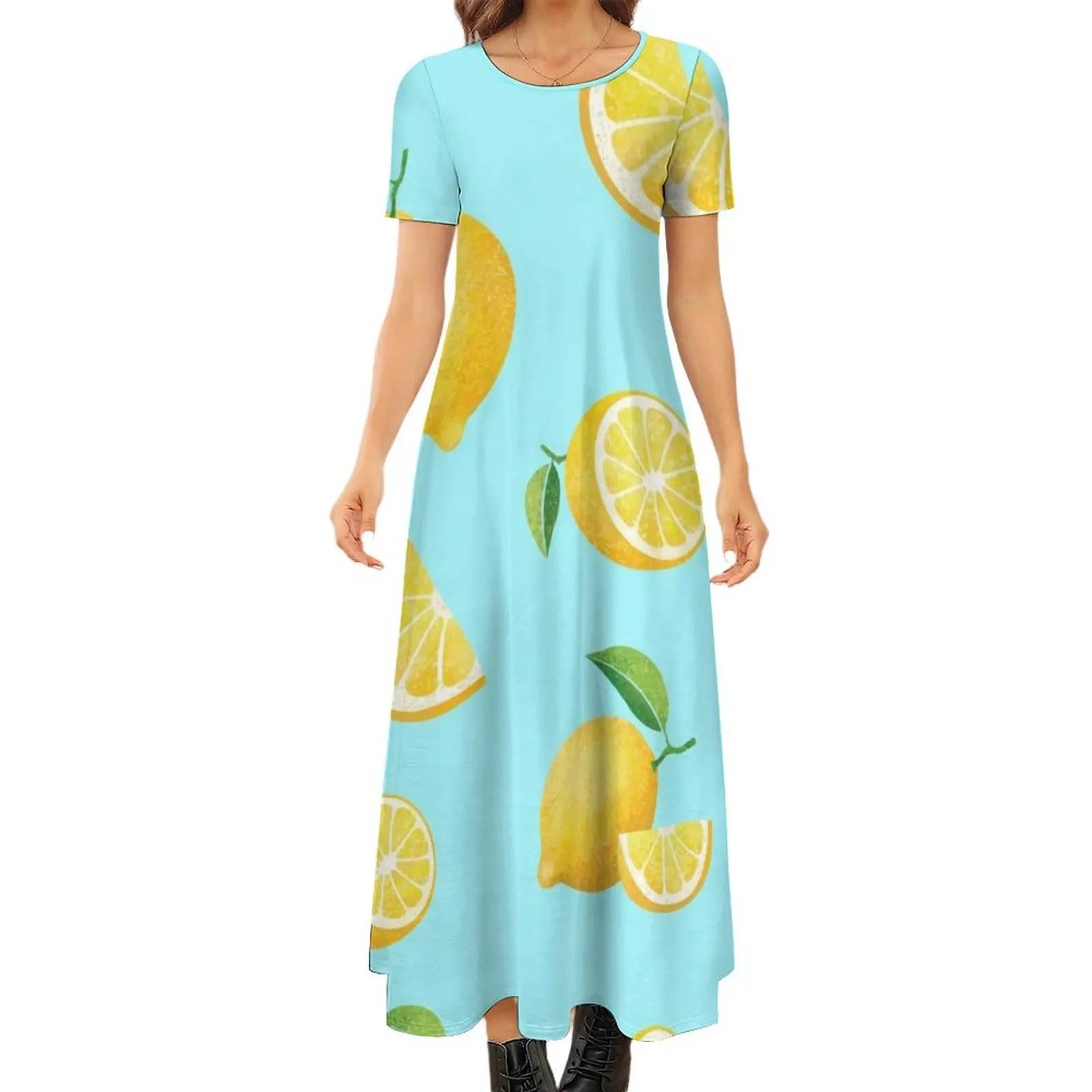 

Lemons on Blue Round Neck Short Sleeve Dress women dress summer dress woman 2024