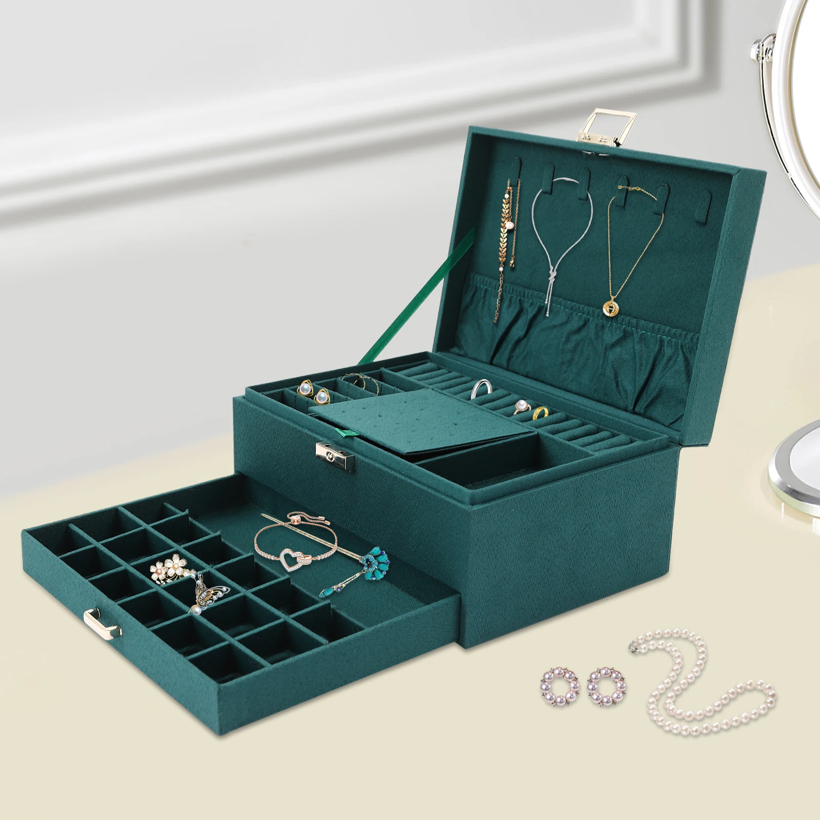 

Large Jewelry Box with Lock Flannel 3-layer Earrings Necklaces Organizer Box New