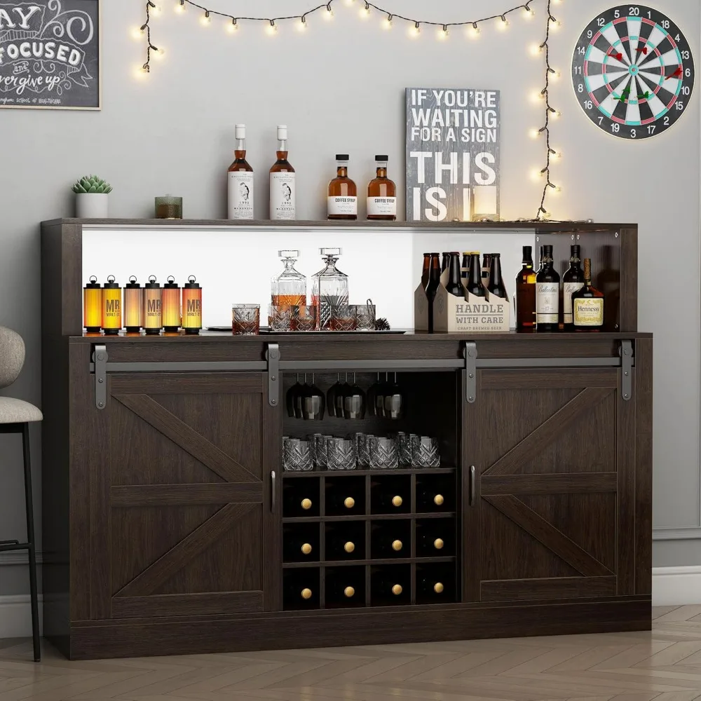 Gabinete de vino de 60", gabinete de bar de vino con puerta corrediza de granero y 12 estantes para vino, gabinete de bar de café de granja con estante ajustable