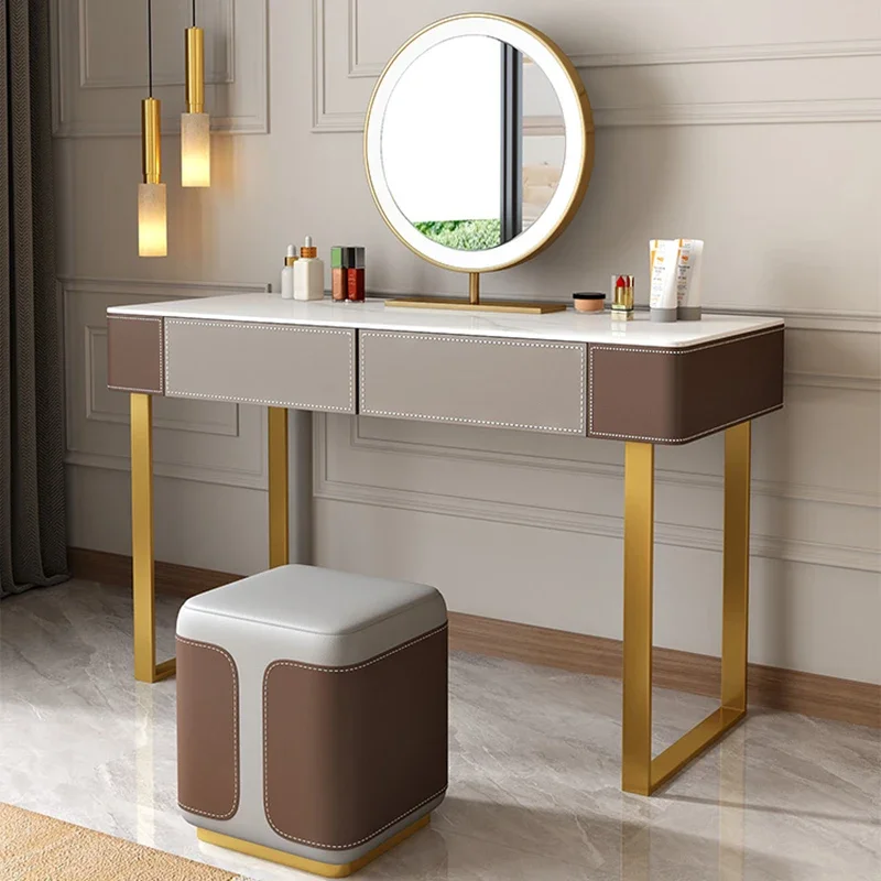 Cômoda dourada estética de couro, luxo, penteadeira, espelho, madeira, moderna, móveis para quarto