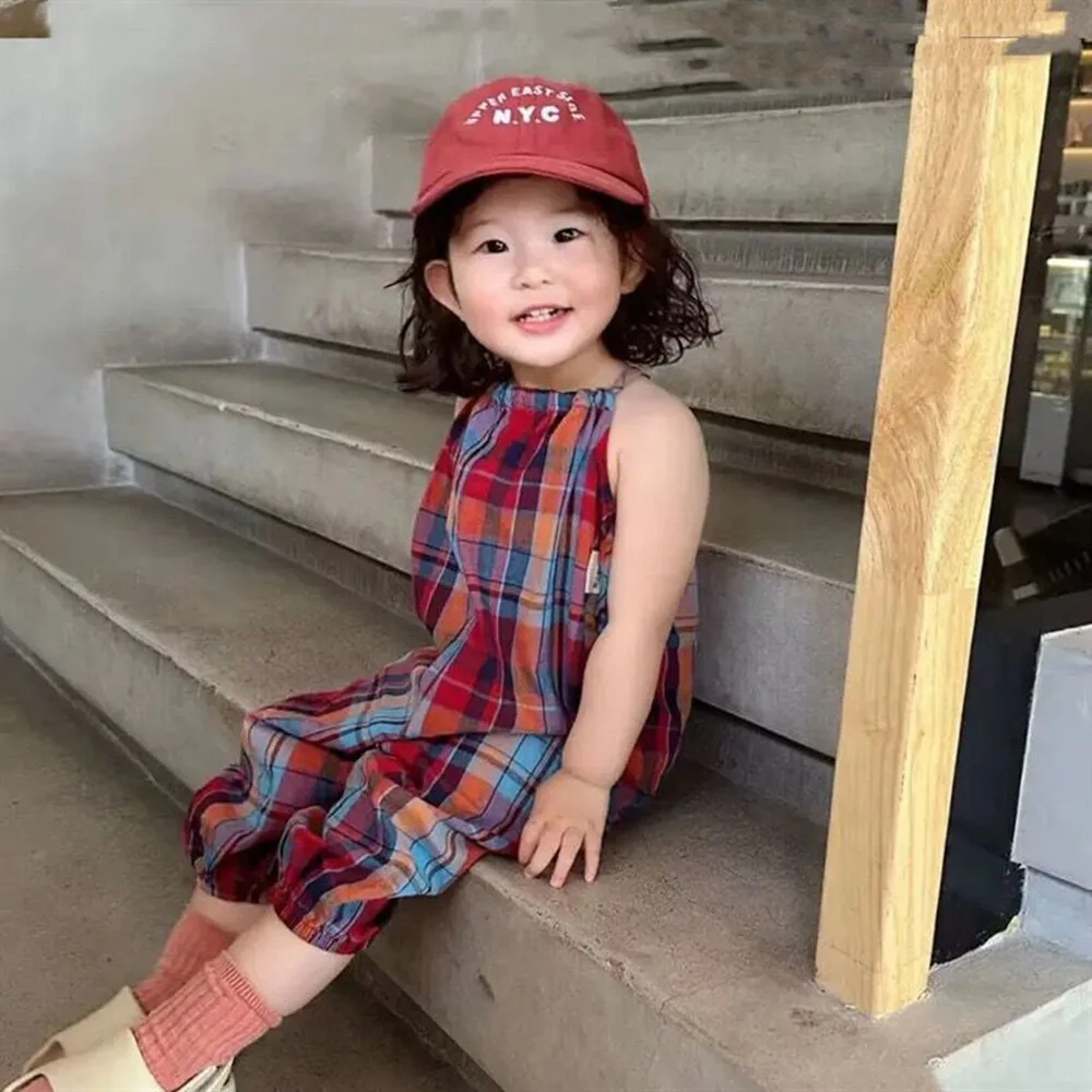 Bear Leader Summer Colorful Plaid Kids Jumpsuits Sleeveless Casual Wear Back Lace Up One-Pieces Rabbit Tail Girls Clothes