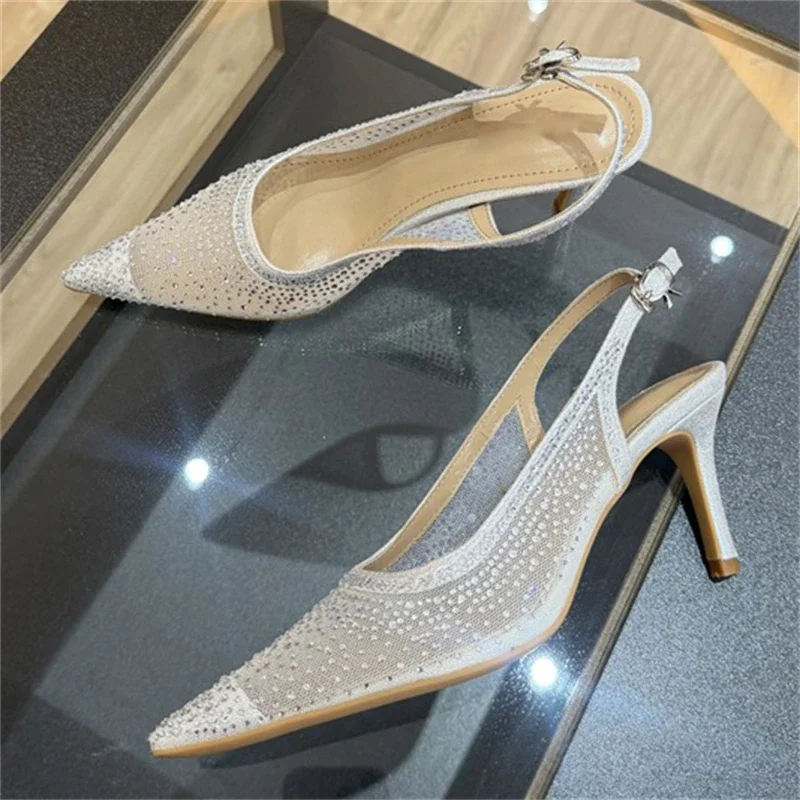 

Women's Pointed Toe Mesh Rhinestone Slingback Thin Stiletto Heel Pumps Elegant Wedding Bridal Footwear Drop Shipping Shoes Gift