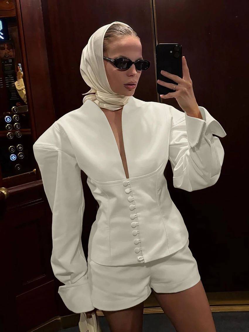 

Marthaqiqi Fashion Female Nightwear Set Long Sleeve Nightgowns Sexy V-Neck Sleepwear Single Breasted Shorts Women Pajamas Suit