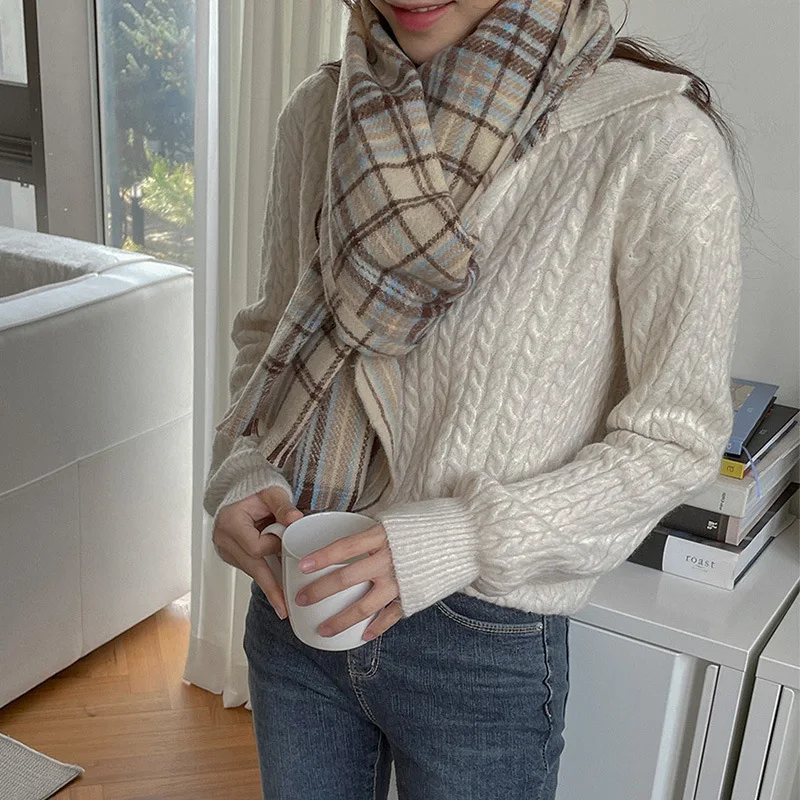 

Warm and Soft Women's Scarf Beige Plaid Cashmere Scarves for Female Winter New Fashion Large Shawl echarpe femme hiver bufanda