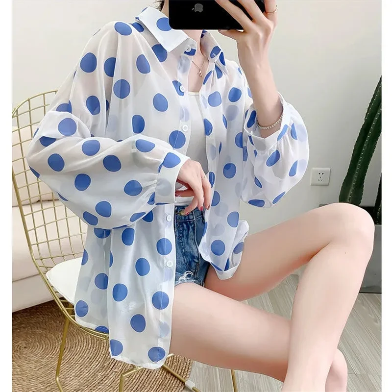 

Polka-Dot Chiffon Sun Protection Clothing Coat Women's New Sunscreens Jacket Summer 2024 Korean Thin Top Loose Female Blouse Ins