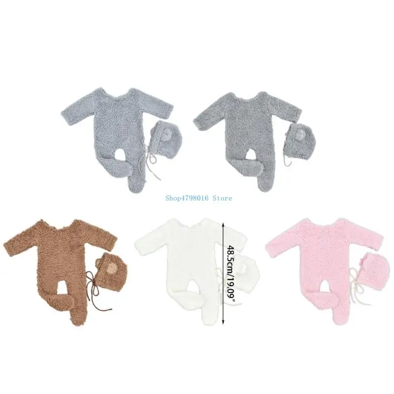 2pcs 사진 소년 여학생을위한 사진 소품 유니탄 주식복 베어 귀 모자 발자국 롬퍼 신생아 사진 촬영 액세서리