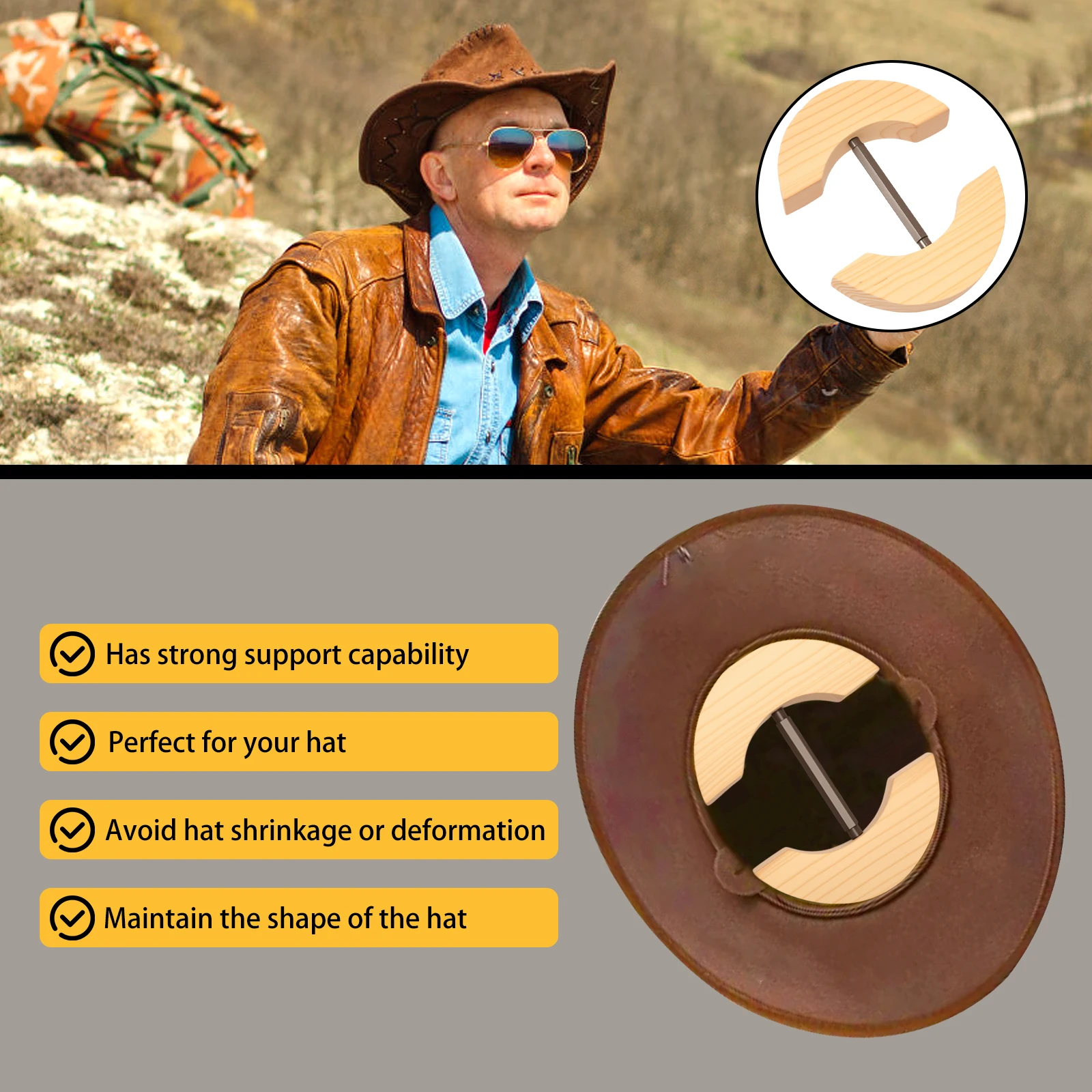 Repacego Verstellbarer Hutstretcher aus Holz in Kappenform, Premium-Fedora-Hutablage zur Aufbewahrung von Cowboy-Baseballmützen – Detail 5