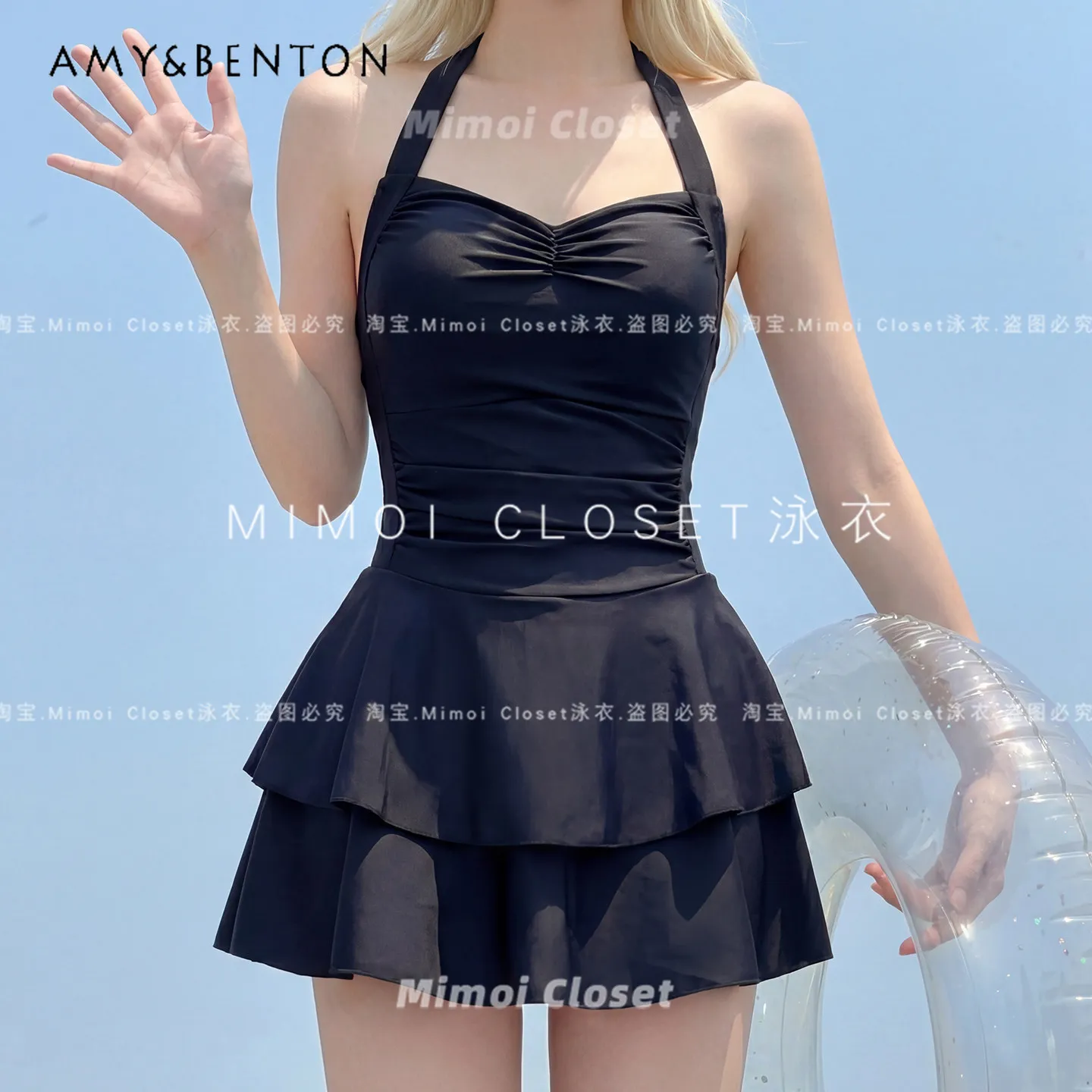 

Summer New Black High-end Halter Skirt One-piece Swimsuit Female Sweet Cool Neck Tube Top Sexy Slim-fit Swimming Suit for Women