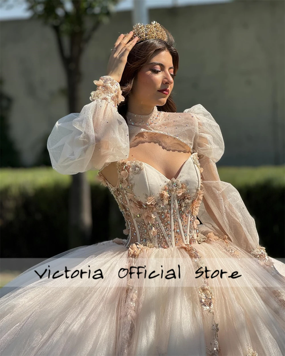 Light Champagne Beaded 3D Flowers Lace Appliques Quincenara Dresses Detachable Puff Long Sleeves 2024 Birthday Luxury Customized
