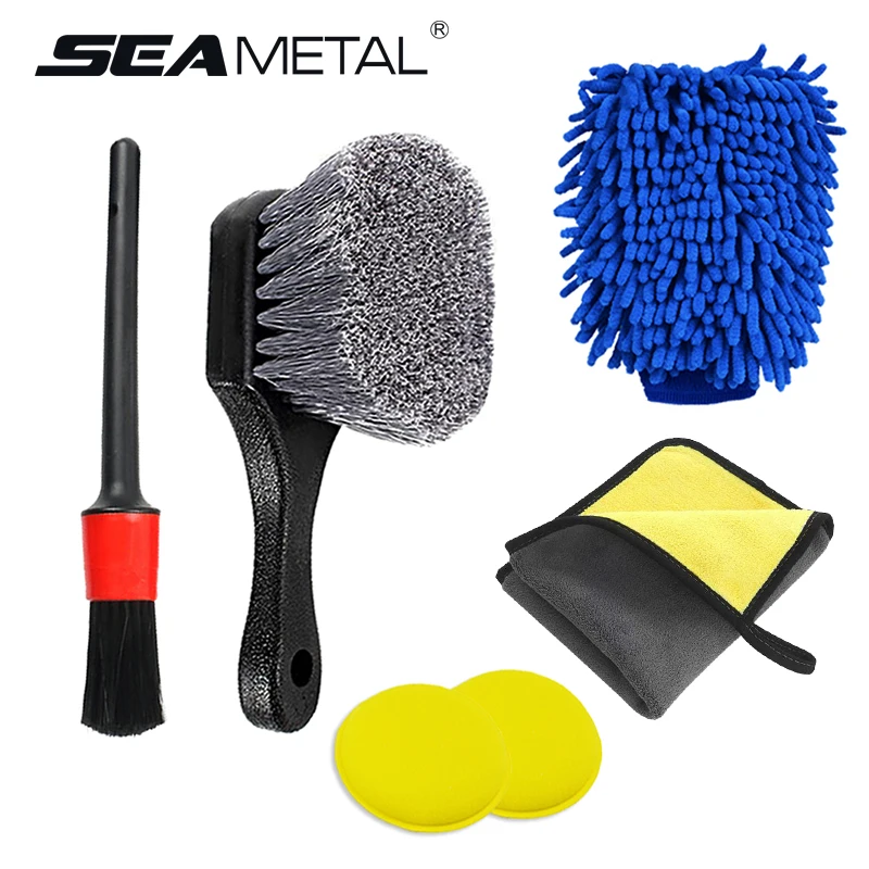 SEAMETAL Zestaw szczotek do czyszczenia kół samochodowych Szczotka do czyszczenia opon i felg Zestaw do mycia samochodów Narzędzia zawierają rękawice do mycia samochodów Ręcznik z gąbki