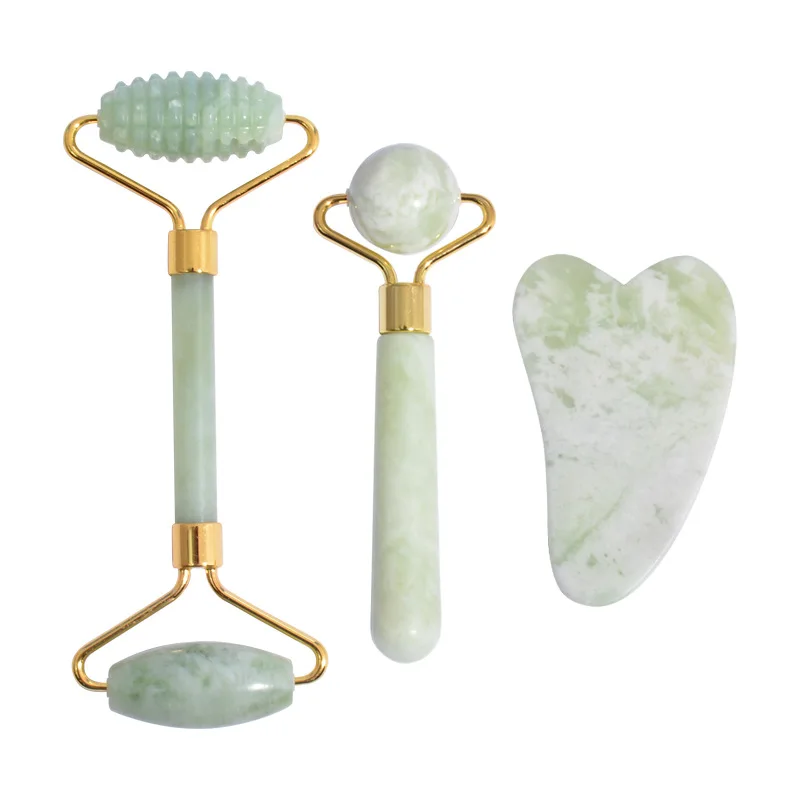 

3pcs Set Natural White Xiuyan Jade Massager Roller and Guasha Board Facial Scraping Massage Tool Jade Roller Set Scraping Board