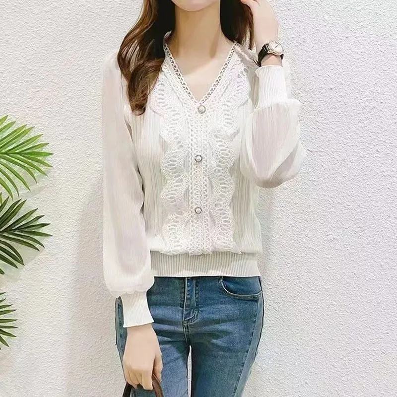 Korean Temperament Lace V-Neck Solid Color Shirt Women\'s Clothing New Fashion All-match Chiffon Long Sleeve Blouse for Female