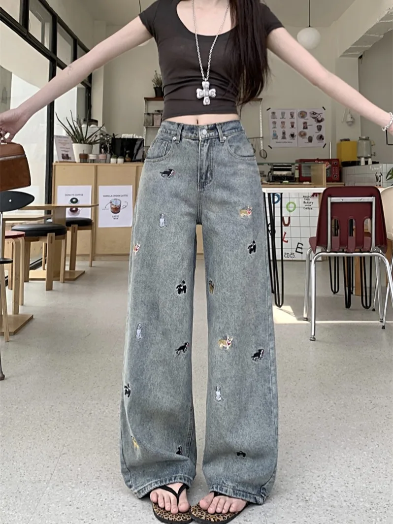 

plus Size Embroidered Heavy Duty Straight Leg Jeans Women's Summer New High Waist Slimming Loose Wide Leg Pants