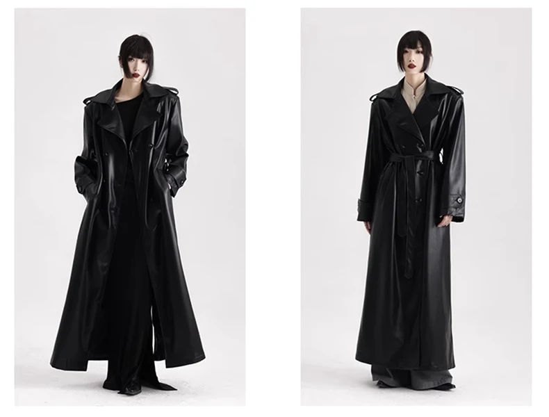 Lautaro Spring Autumn Extra Long Black Soft Pu Leather Trench Coat for Women Double Breasted Loose Casual Korean Fashion 2024