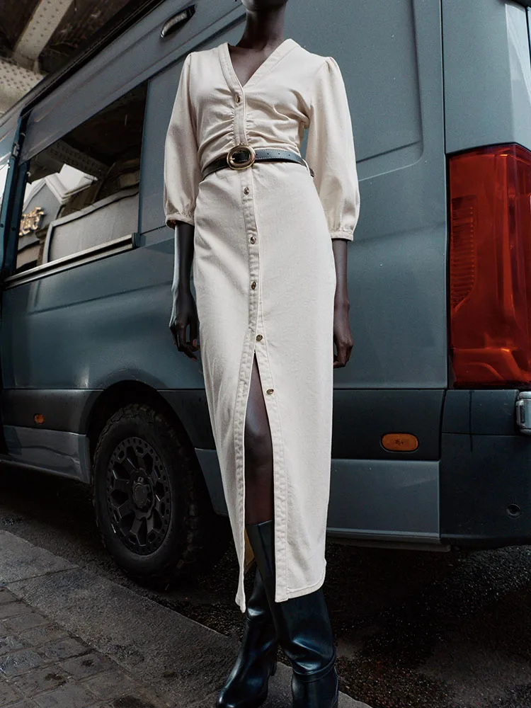 

Faionable Midi Dr with Puffy Sves And Belt 2025 Autumn New Arrival Women's Faion Dr Ele Sle Evening Gown