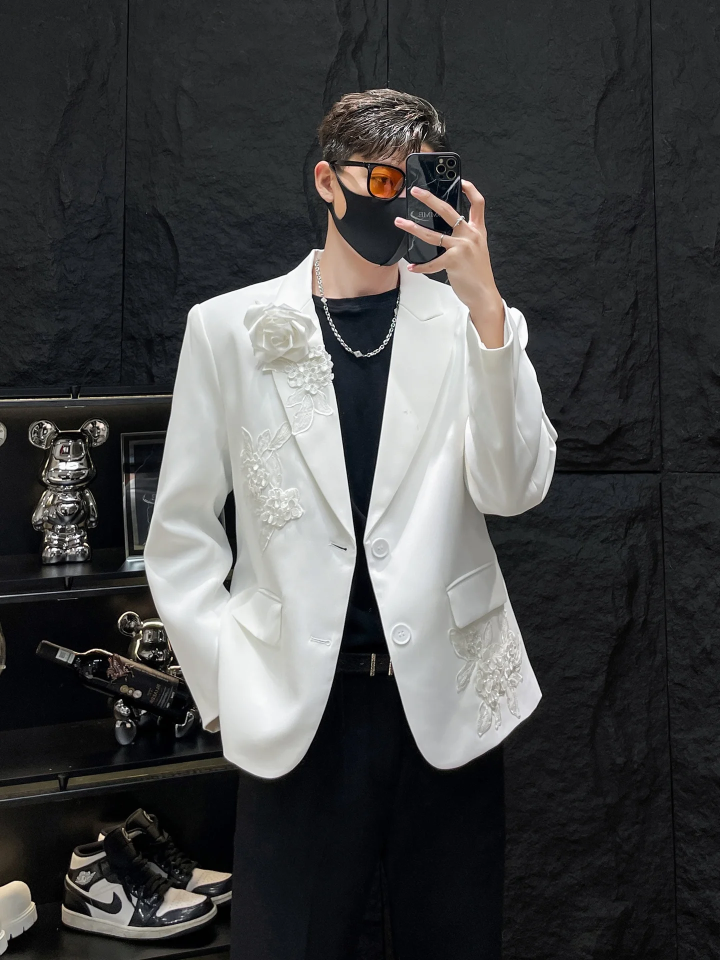 

HOMME повседневный костюм из тюэта с цветочной вышивкой, мужской свободный силуэт премиум-класса, длинный свек, повседневная одежда, весна-осень