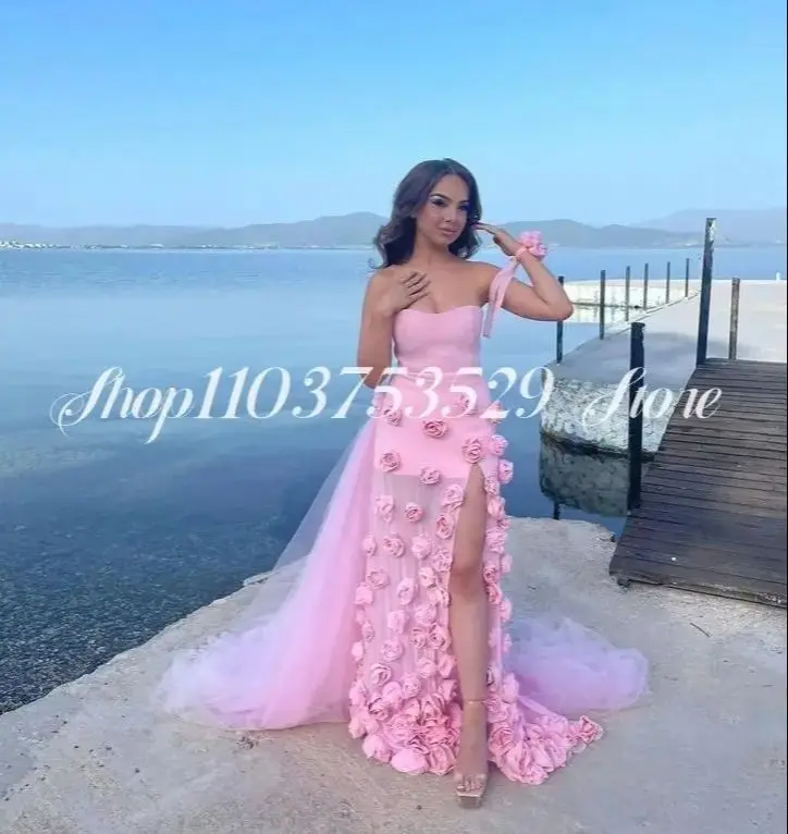 Elegante vestido de baile de festa com bainha rosa 3D apliques florais divididos longos com cauda lateral noite de aniversário personalizado فساتmavera