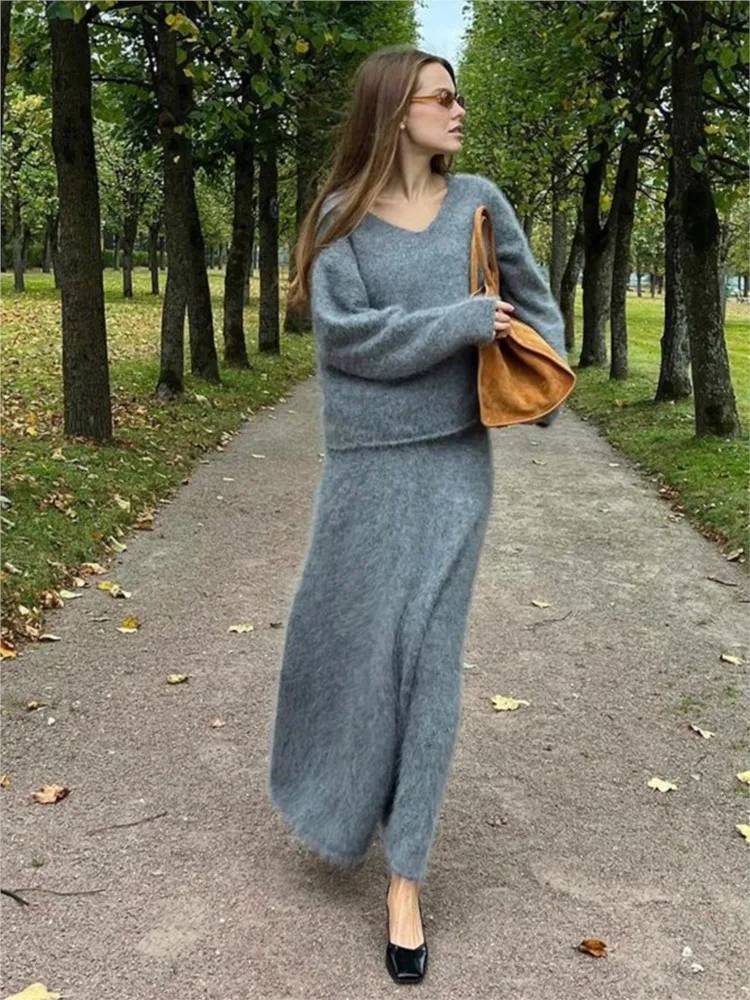 Mohair Knitted Sweater And Fishtail Skirt Sets Vintage Autumn Winter Two Piece Set Long Skirts 2024 New Casual Loose Women Suit