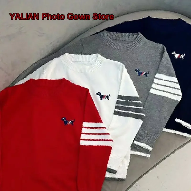 Boys Girls Striped Sweater Kids Autumn Winter Dachshund Print Long Sleeves Warm Base Layer Top