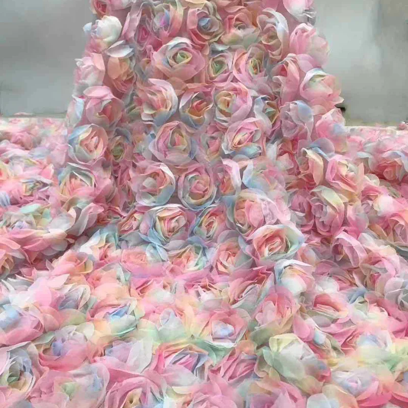 Wedding Fabric Three-dimensional Rainbow Rose Mesh Fabric Designer Fabric Sewing Dress, Stage Clothing Mainly Background DIY