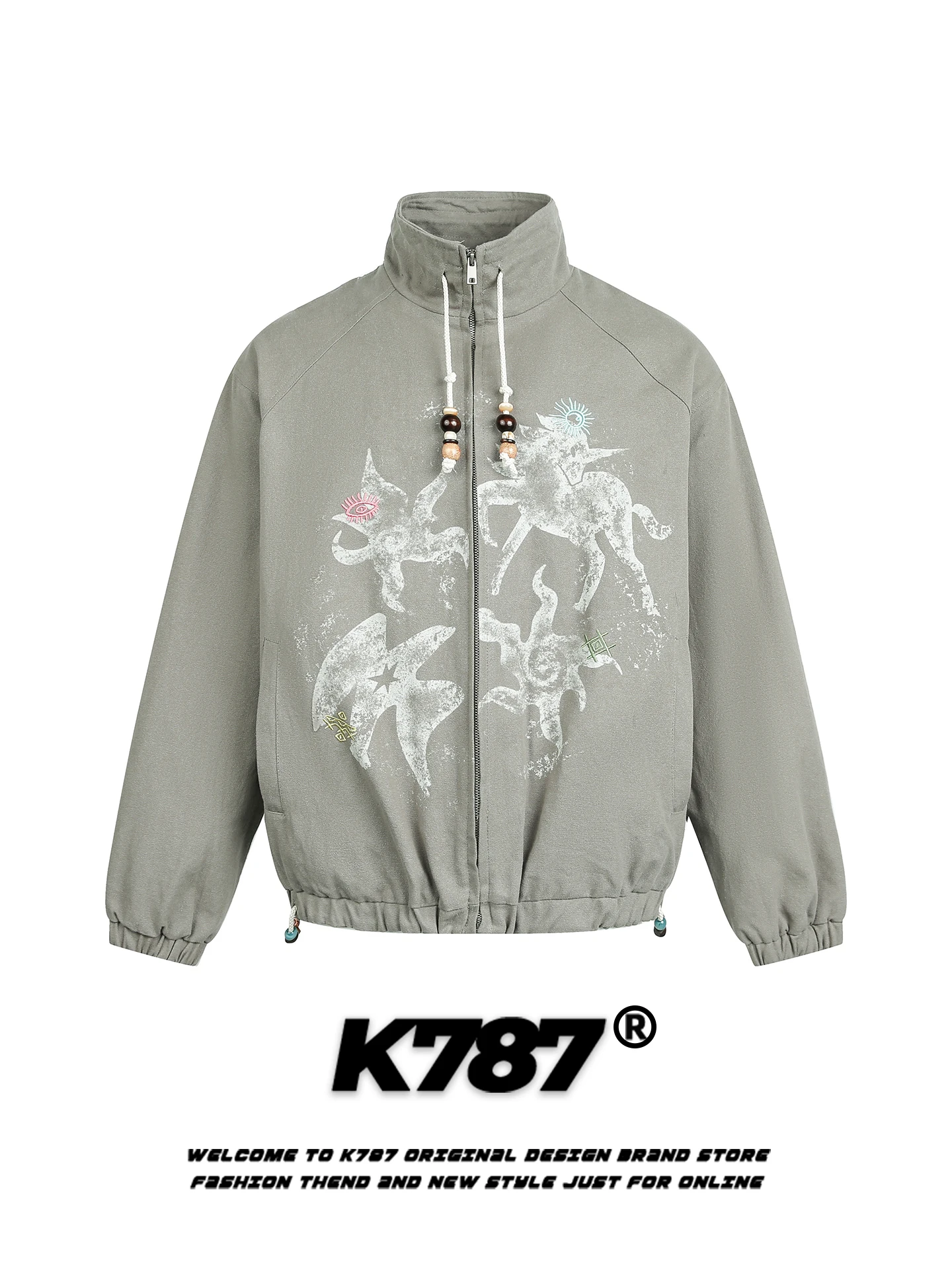 

Retro American Print Stand Collar Jaet Loose Fit Men's Spring 2026 Trendy Brand Casual Sle Zipper Coat for Couples