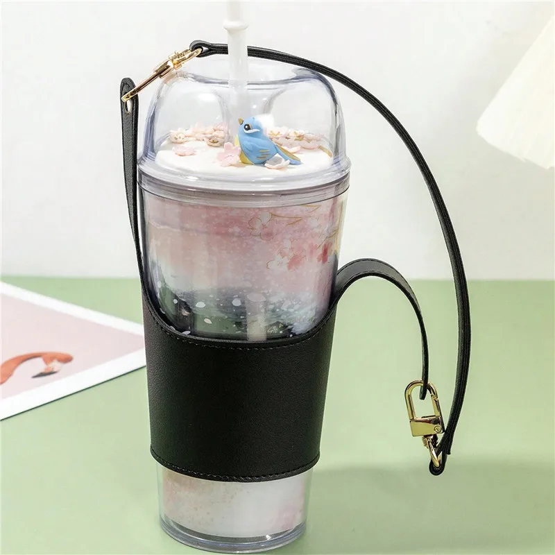 Leather Cup Cover Pouch Portable Water Bottle Sleeve Bag Leather Carrying Strap Insulating Cups Milk Tea Coffee Cups Accessories